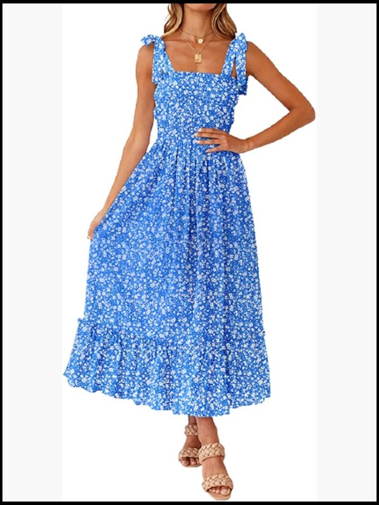 Rayon Maxi Dress With Square Neck Spaghetti Strap Flowy Ruffle Boho